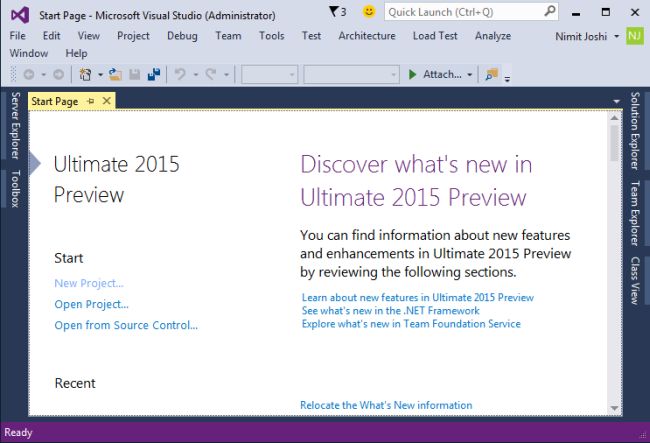 Visual Studio 2015 Start Page